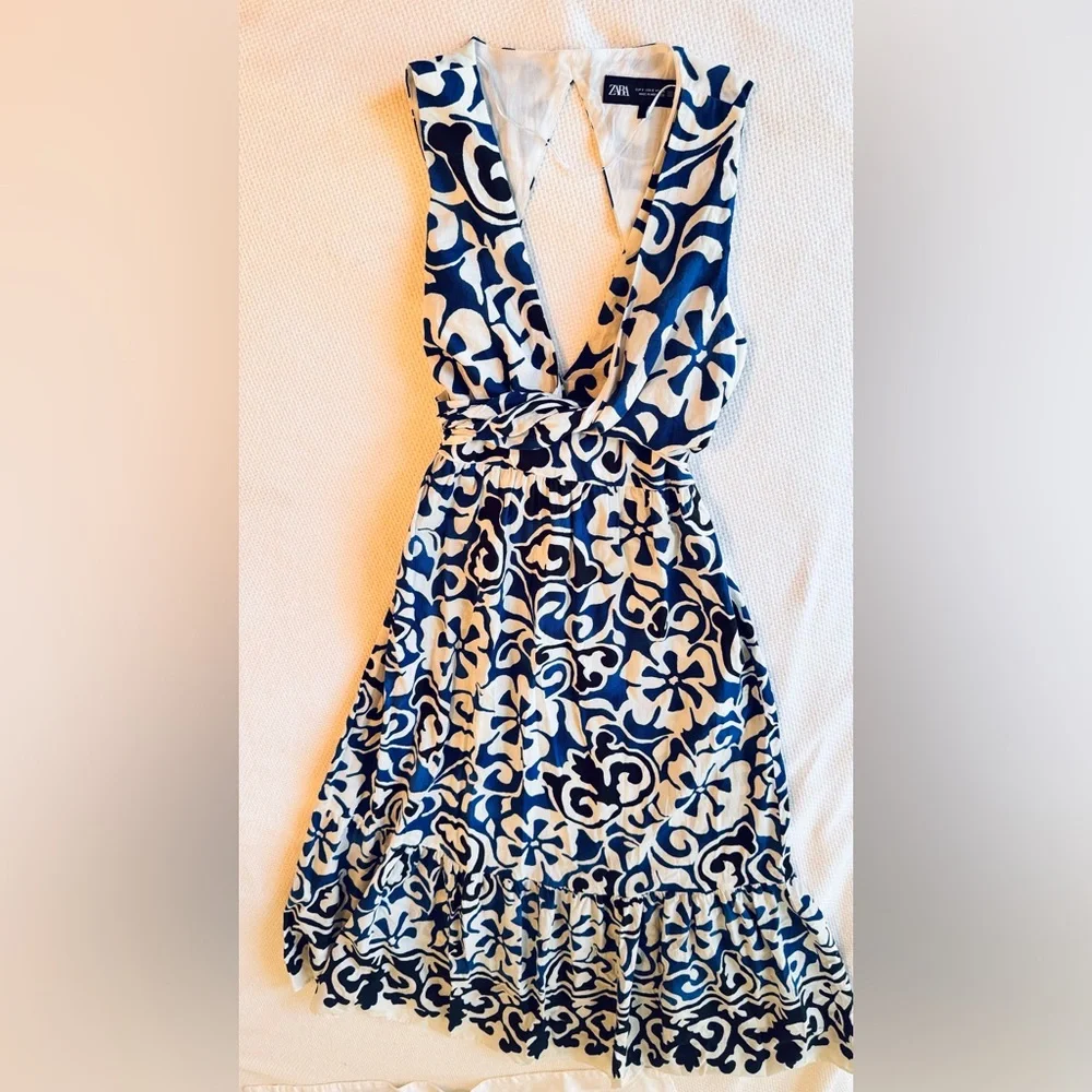 ZARA Blue & Black Floral Midi Maxi Dress w Cut-out Open Back